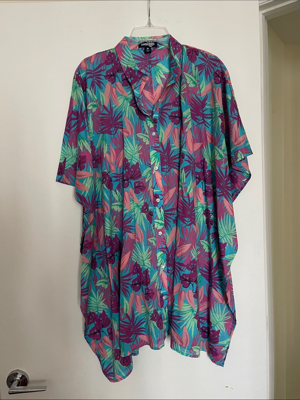 Lands' End Vibrant Tropical Button-Front Shirt/dress - Teal, Purple & Coral Pink